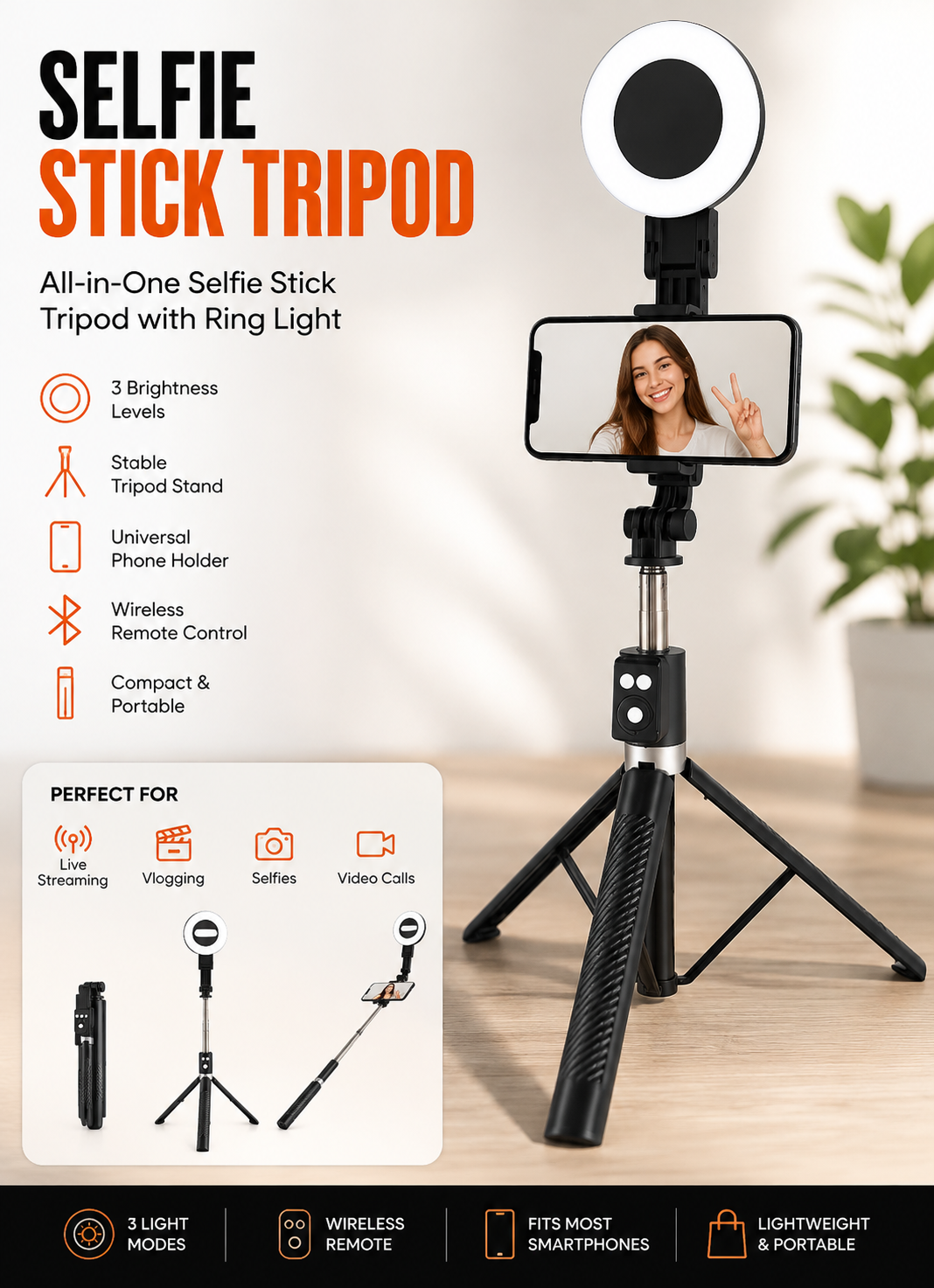 Selfie Stick Tripod with Ring Light