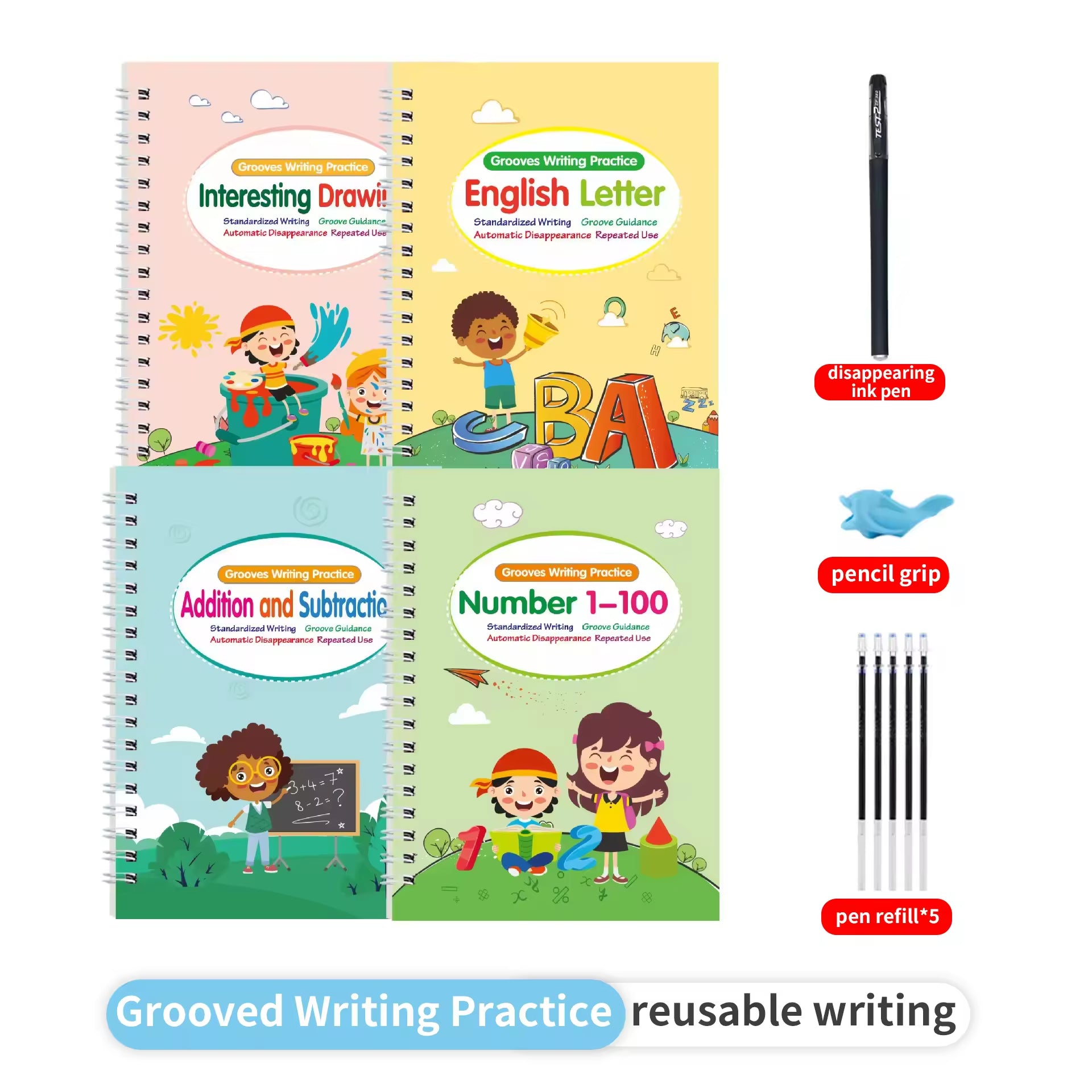 Large Reusable Magic Grooved Writing Practice Book (4 pcs)